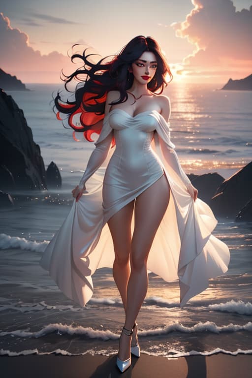  masterpiece, best quality, beautiful face, dark make up, movie still, stunning , lips, carmin red lips, long White wavy hair, iest, ful, huge , deep age, off shoulders, short dress, cloud , floating in the sky, bright, happy, warm soft lighting, sunset, (sparks:0.7) hyperrealistic, full body, detailed clothing, highly detailed, cinematic lighting, stunningly beautiful, intricate, sharp focus, f/1. 8, 85mm, (centered image composition), (professionally color graded), ((bright soft diffused light)), volumetric fog, trending on instagram, trending on tumblr, HDR 4K, 8K