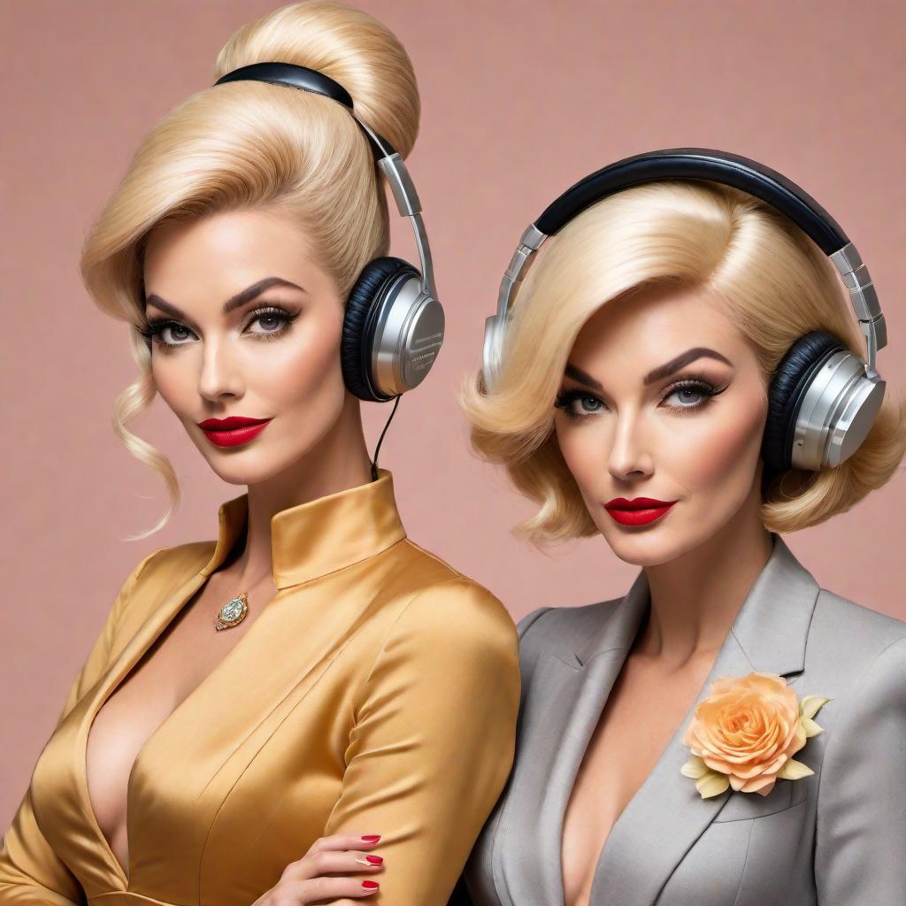  Take the previously loved podcast cover design in the 60s vintage cartoon style. Feature two distinct women in their late 30s, one with blonde hair and the other with brown hair. They should both be elegantly dressed in stylish, upscale outfits, with one holding an espresso martini. The setting should be an elegant room set up for podcasting, including microphones and headphones. Ensure the title 'Plotting Greatness' is prominently displayed in cursive on the cover, using warm and inviting colors like gold, white, and soft pastels to maintain the sense of refinement, elegance, and success, while keeping to the 60s vintage cartoon aesthetic. hyperrealistic, full body, detailed clothing, highly detailed, cinematic lighting, stunningly beautiful, intricate, sharp focus, f/1. 8, 85mm, (centered image composition), (professionally color graded), ((bright soft diffused light)), volumetric fog, trending on instagram, trending on tumblr, HDR 4K, 8K