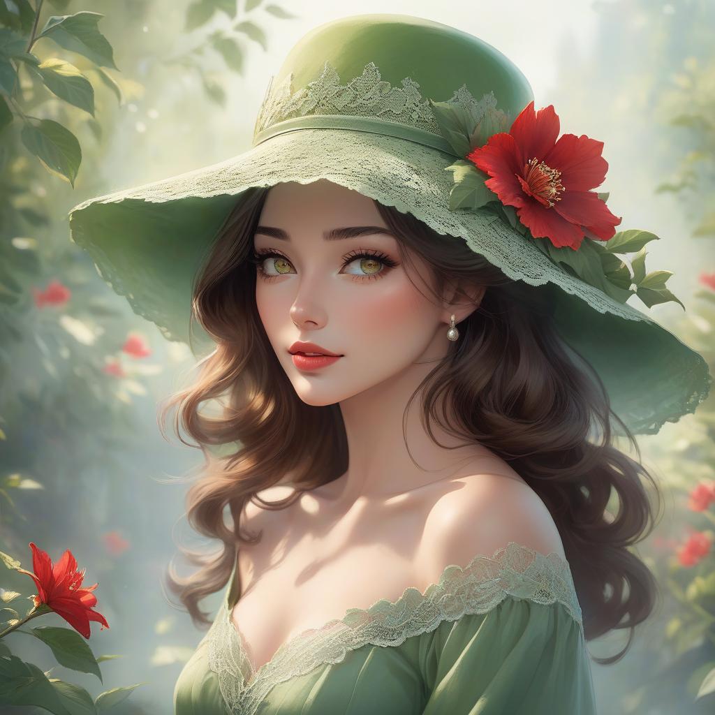  concept art A digital artwork of a young woman with wavy brown hair, wearing a green hat adorned with a red flower, with a soft focus background. Create the image of a young woman with a fair complexion and soft facial features. She has charming almond shaped hazel eyes and full lips that add to her serene expression. Her wavy, dark brown hair falls gracefully under a wide brimmed, light green hat decorated with intricate lace patterns and a delicate red flower. The background merges with her form in a dreamy watercolor blend of green, red and hints of yellow, suggesting a mix of floral and abstract elements. The woman wears an off the shoulder top with a touch of blue, adding to the overall soft and artistic atmosphere of the scene. The  hyperrealistic, full body, detailed clothing, highly detailed, cinematic lighting, stunningly beautiful, intricate, sharp focus, f/1. 8, 85mm, (centered image composition), (professionally color graded), ((bright soft diffused light)), volumetric fog, trending on instagram, trending on tumblr, HDR 4K, 8K