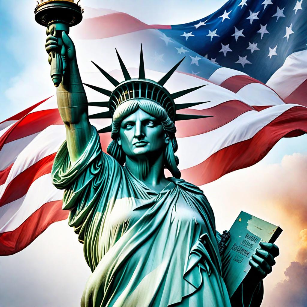  Create a watercolor digital painting of the Statue of Liberty with the American flag waving in the background. The Statue of Liberty should be detailed and prominent in the foreground, capturing its iconic features. The American flag should be artistically rendered in the background, with its colors blending softly in a watercolor style. The overall image should have a delicate and artistic watercolor effect, with soft, pastel tones and splashes to enhance the dreamy and patriotic feel. hyperrealistic, full body, detailed clothing, highly detailed, cinematic lighting, stunningly beautiful, intricate, sharp focus, f/1. 8, 85mm, (centered image composition), (professionally color graded), ((bright soft diffused light)), volumetric fog, trending on instagram, trending on tumblr, HDR 4K, 8K