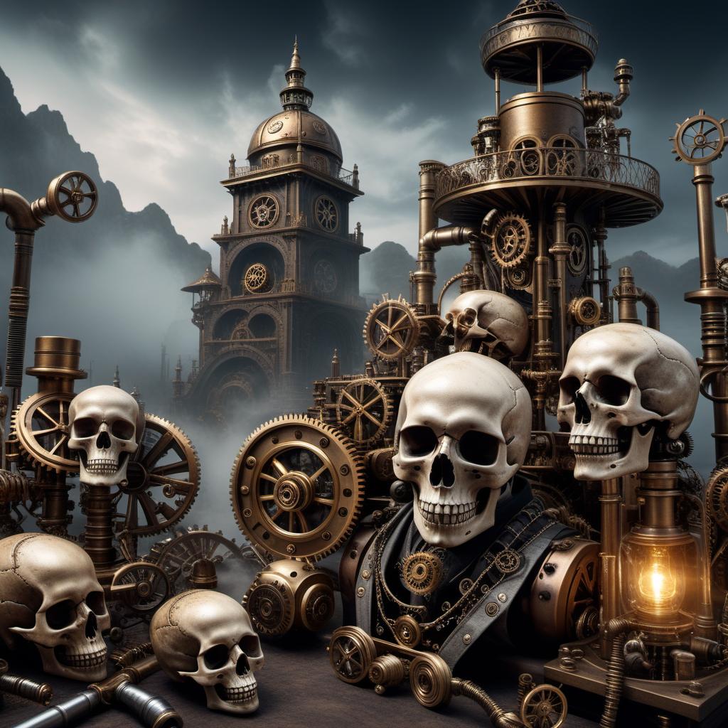  surreal image featuring skulls and bones with a steampunk theme, including gears, cogs, pipes, and metallic elements, all blended into an eerie and fantastical scene hyperrealistic, full body, detailed clothing, highly detailed, cinematic lighting, stunningly beautiful, intricate, sharp focus, f/1. 8, 85mm, (centered image composition), (professionally color graded), ((bright soft diffused light)), volumetric fog, trending on instagram, trending on tumblr, HDR 4K, 8K