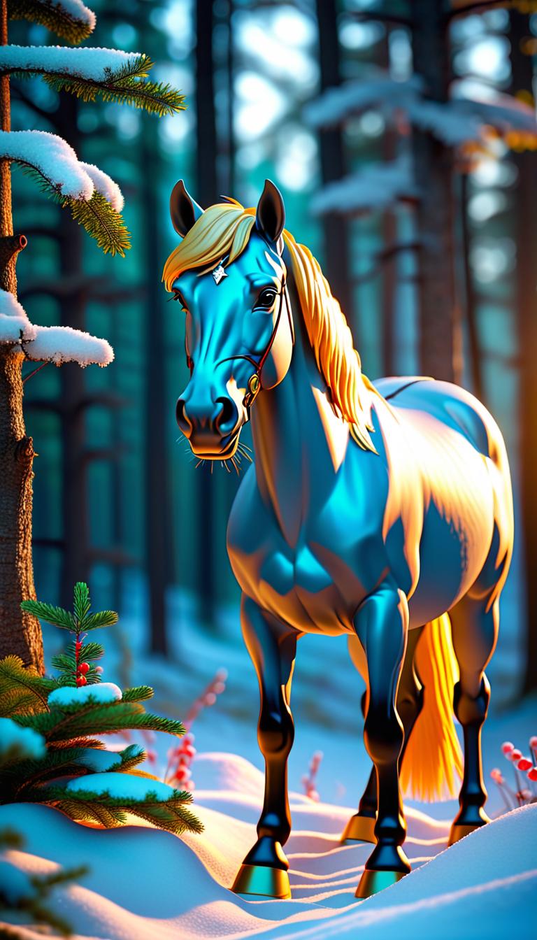  Professional 3D model of A Horse stand in a winter forest With Christmas decorations. . Rendered with Octane, the model is highly detailed,dramatic lighting. hyperrealistic, full body, detailed clothing, highly detailed, cinematic lighting, stunningly beautiful, intricate, sharp focus, f/1. 8, 85mm, (centered image composition), (professionally color graded), ((bright soft diffused light)), volumetric fog, trending on instagram, trending on tumblr, HDR 4K, 8K