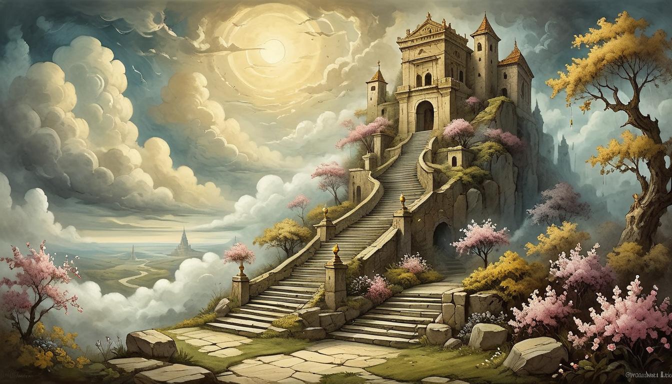  on parchment, surrealism+++, A towering staircase made of ancient stone, each step glowing with a faint golden hue, ascending into the clouds, scattered with vines and blossoms, majestic, hopeful, upward journey, progress and ascent(mysterious, provocative, symbolic,muted color)+++