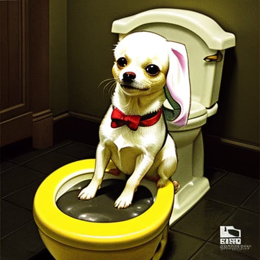  Chihuahua zombie, toilet seat, feces, yellow puddle, specter, ghost.