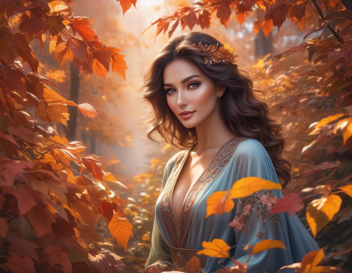  A stunning woman with mesmerizing brown eyes and a shy, yet lovely smile stands amidst a whirlwind of colorful leaves, her beauty rivaling that of nature itself., face by Bagshaw, Atroshenko, hyperrealistic, full body, detailed clothing, highly detailed, cinematic lighting, stunningly beautiful, intricate, sharp focus, f/1. 8, 85mm, (centered image composition), (professionally color graded), ((bright soft diffused light)), volumetric fog, trending on instagram, trending on tumblr, HDR 4K, 8K