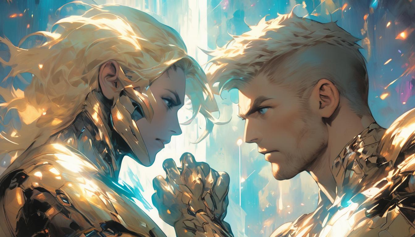  hyperrealism,fantasy aesthetic1man1woman, large busted attractive blonde arian female humanoid and handsome brunette male humanoid, facing a celestial divide, energies pulling in different directions, high tech clothing clad in sleek, futuristic costume with metallic accents and form fitting designs, marvel superhero comics style, unreal engine rendering