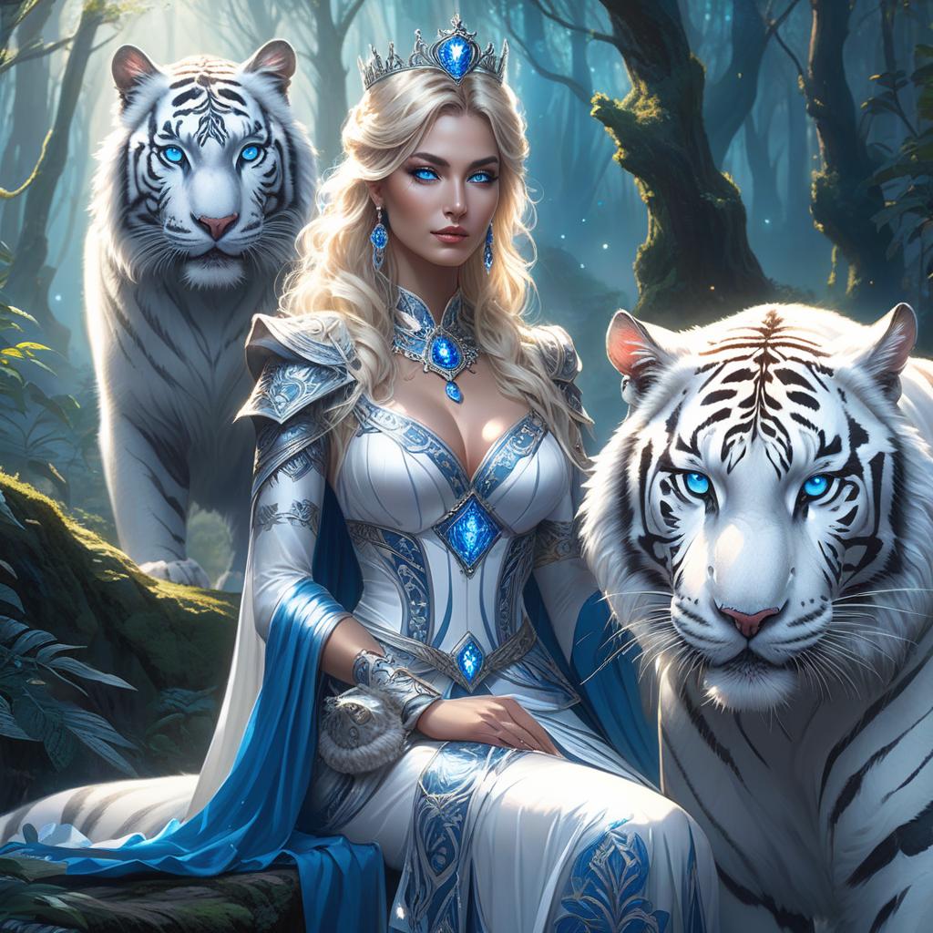  concept art A woman in an ornate dress and crown stands in a mystical forest with a white tiger, holding a glowing lantern. A fantasy themed image featuring a regal woman with long, curly, blonde hair adorned with an intricate, silver crown with a glowing blue gem. She is dressed in a detailed, silver and white armor like outfit. Beside her is a majestic white tiger with striking blue eyes, also bearing intricate decorations on its head. The background is a mystical forest with a glowing lantern, enhancing the otherworldly atmosphere. Style of Karol Bak an image of a white tiger and a woman with blue eyes sitting next to each, gorgeous goddess of leo, digital art fantasy art, fantasy art, beautiful fantasy maiden, beautiful fantasy art, bea hyperrealistic, full body, detailed clothing, highly detailed, cinematic lighting, stunningly beautiful, intricate, sharp focus, f/1. 8, 85mm, (centered image composition), (professionally color graded), ((bright soft diffused light)), volumetric fog, trending on instagram, trending on tumblr, HDR 4K, 8K