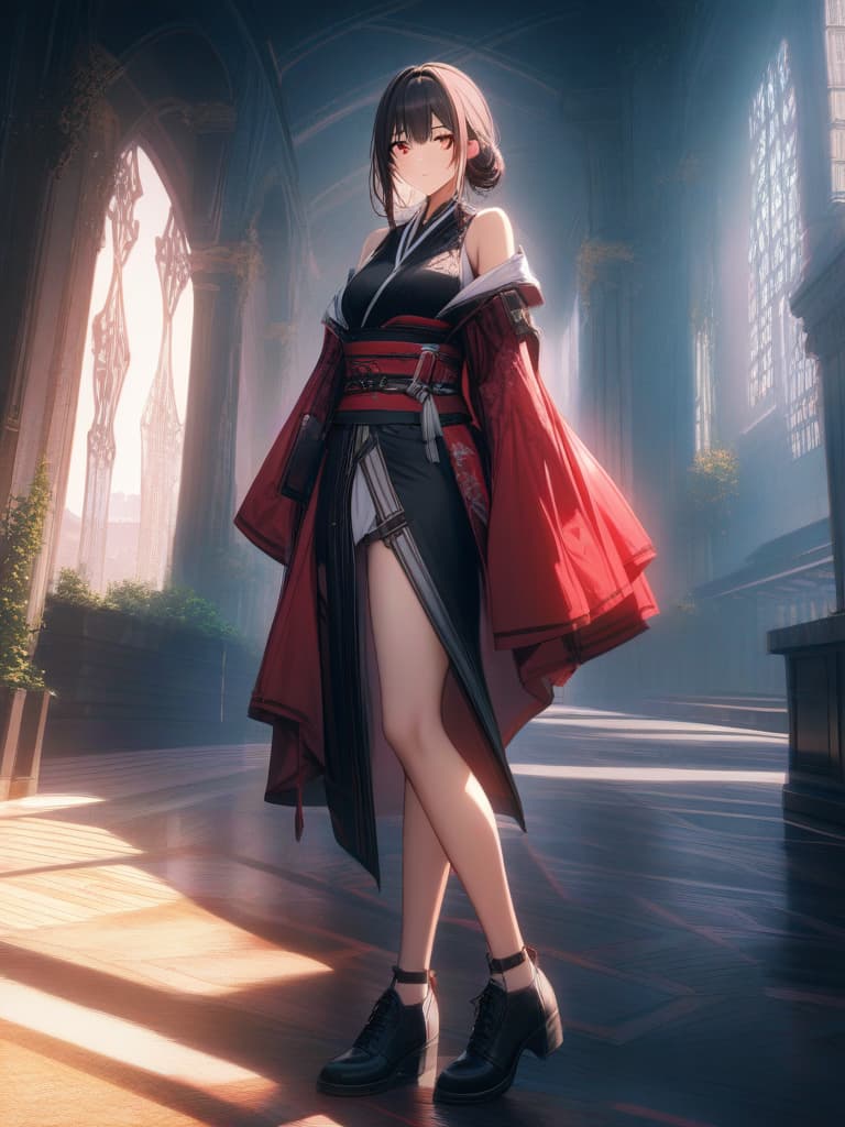  Red eyes, semi long brown hair, plain red kimono, yellow and black Ichimatsu shaped obi, beautiful girl, masterpiece, best quality,8k,ultra detailed,high resolution,an extremely delicate and beautiful,hyper detail hyperrealistic, full body, detailed clothing, highly detailed, cinematic lighting, stunningly beautiful, intricate, sharp focus, f/1. 8, 85mm, (centered image composition), (professionally color graded), ((bright soft diffused light)), volumetric fog, trending on instagram, trending on tumblr, HDR 4K, 8K