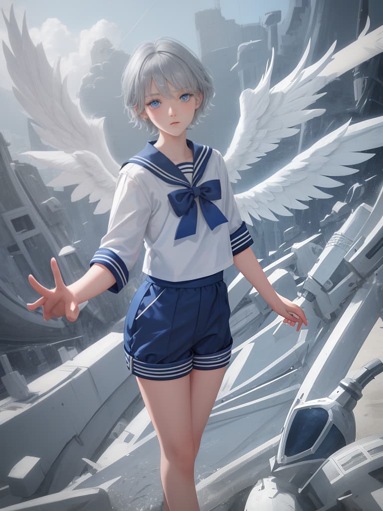  Gray hair, blue eyes, angel, sailor suit, cute, short hair, shorts, , face, boy, elementary student, straight hair, masterpiece, best quality,8k,ultra detailed,high resolution,an extremely delicate and beautiful,hyper detail