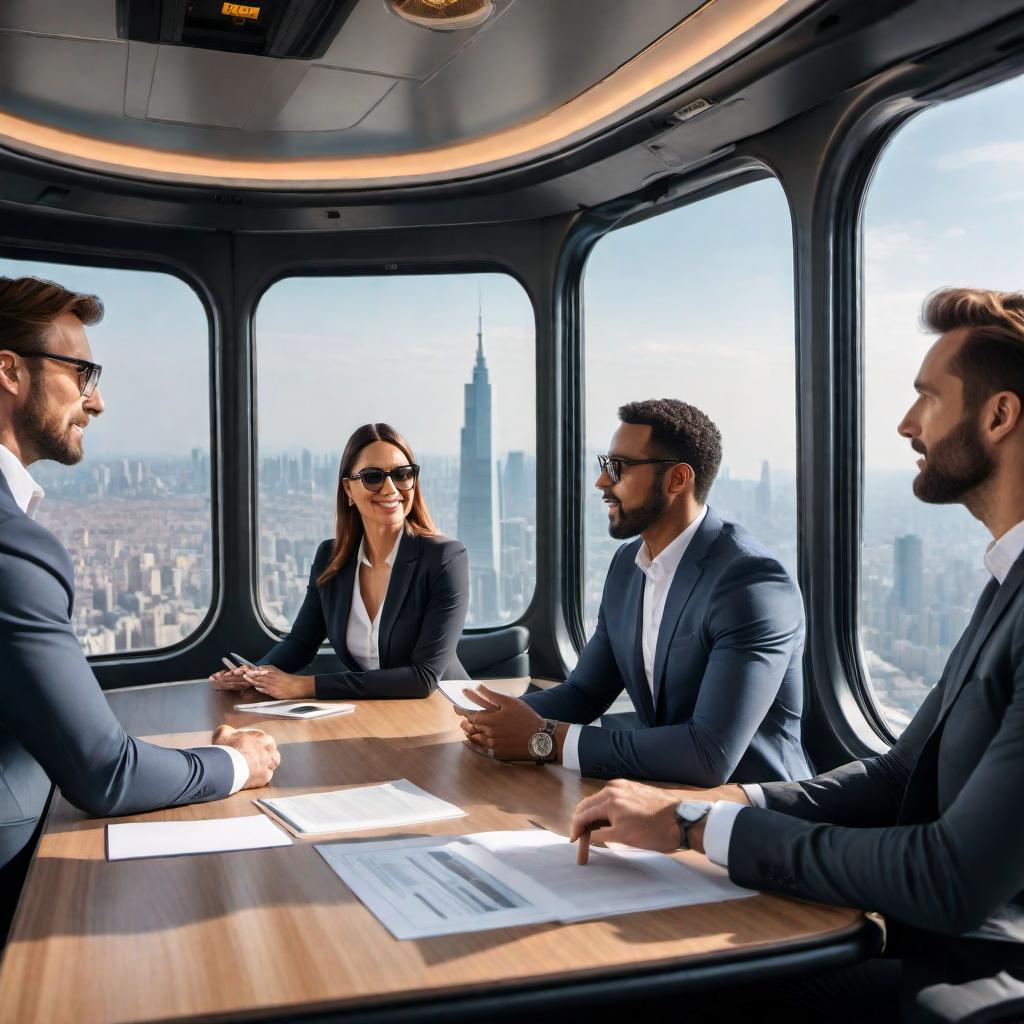  A professional and organized management team meeting in a hop on hop off sightseeing bus company. The team members are discussing strategies and reviewing performance reports in a conference room with a large window overlooking the city skyline. hyperrealistic, full body, detailed clothing, highly detailed, cinematic lighting, stunningly beautiful, intricate, sharp focus, f/1. 8, 85mm, (centered image composition), (professionally color graded), ((bright soft diffused light)), volumetric fog, trending on instagram, trending on tumblr, HDR 4K, 8K