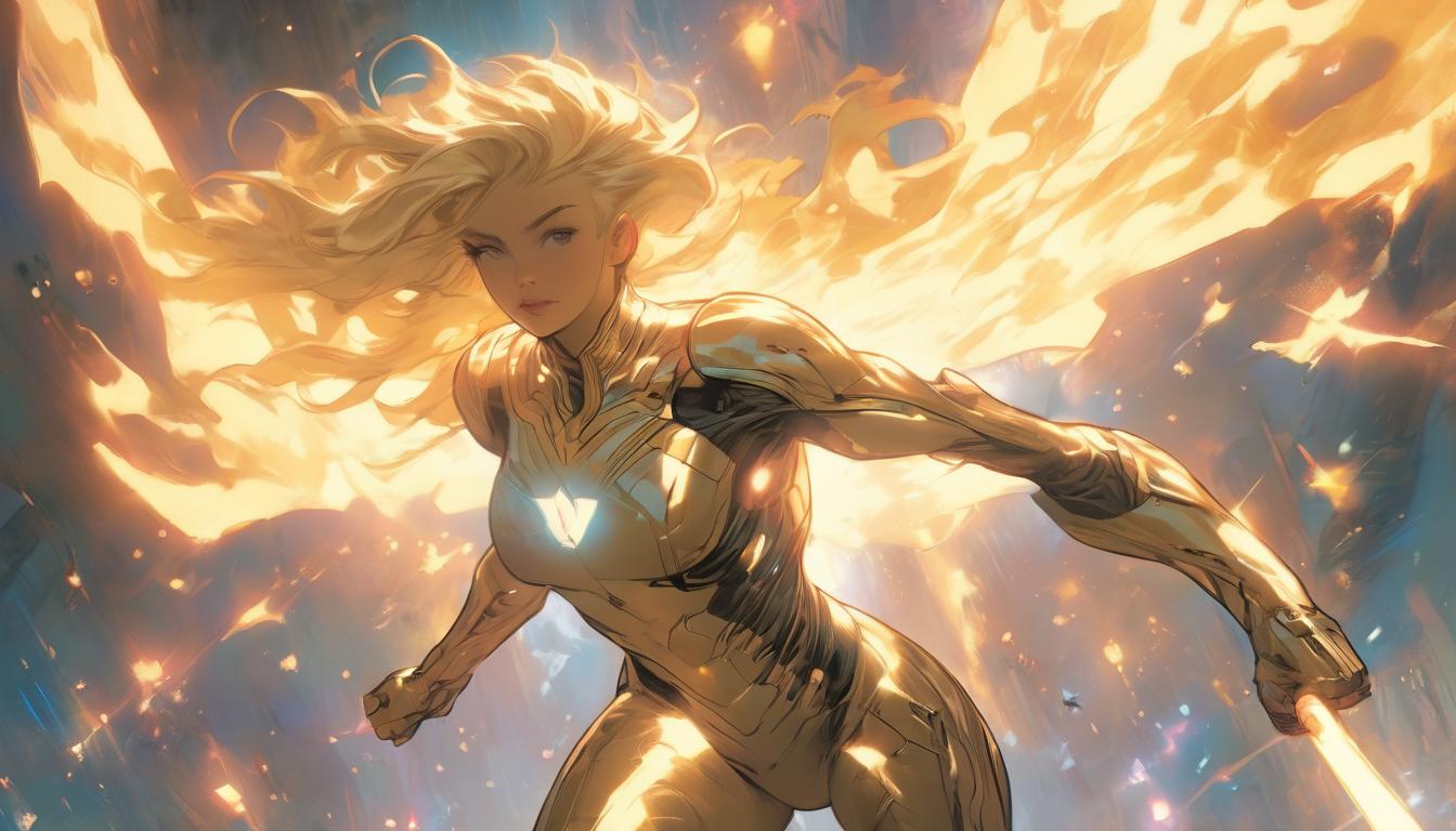  hyperrealism,fantasy aesthetic1woman, large busted attractive blonde arian humanoid, soaring through the stars, enlightened companions by her side, destined depiction, high tech clothing clad in sleek, futuristic costume with metallic accents and form fitting designs, marvel superhero comics style, unreal engine rendering