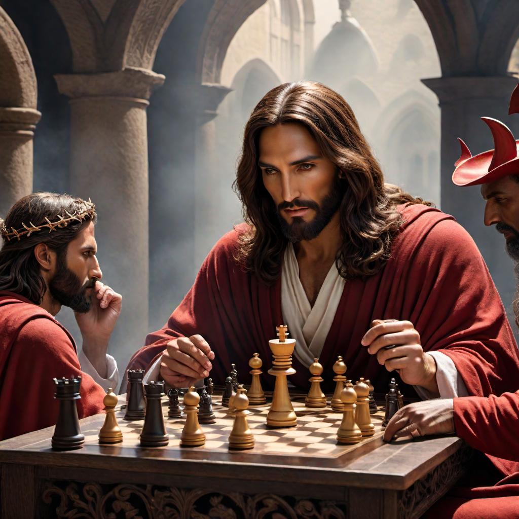  Create an image of Jesus playing chess against the devil on a stone table with all the pieces being little humans. The devil should be holding a human between his fingers by the head. Include angels flying behind Jesus and demons behind the devil, all waiting on the outcome of the game. hyperrealistic, full body, detailed clothing, highly detailed, cinematic lighting, stunningly beautiful, intricate, sharp focus, f/1. 8, 85mm, (centered image composition), (professionally color graded), ((bright soft diffused light)), volumetric fog, trending on instagram, trending on tumblr, HDR 4K, 8K