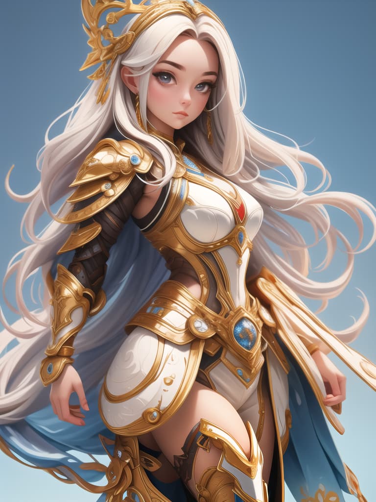  Front view of a girl in a photorealistic masterpiece wearing long hair and mechanical white armor with intricate delicate blue filigree details and red metallic parts. The armor is well detailed and the girl is in a dynamic pose, looking at the viewer. She is also dressed in proper attire with appropriate coverage. The background is detailed and the lighting adds a dynamic touch to the scene. Skin texture is subtly emphasized as per a rating of 1.3.