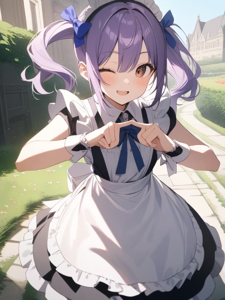  magnificent view,{{{ make heart symbol with fingers,make heart symbol with index fingers and middle fingers}}},{{maid ,solo,}},[[leaning forward]],{purple hair,twintails,short hair},{{brown eyes,one eye closed,surprised,smile}},{maid clothes,pink clothes,blue big ribbon on clothes,mini ,small s,frill },{{character focus,cowboy shot}},ilration,lawn square garden,outside mansion,,best quality,amazing quality,very aesthetic,absurdres, masterpiece, best quality,8k,ultra detailed,high resolution,an extremely delicate and beautiful,hyper detail