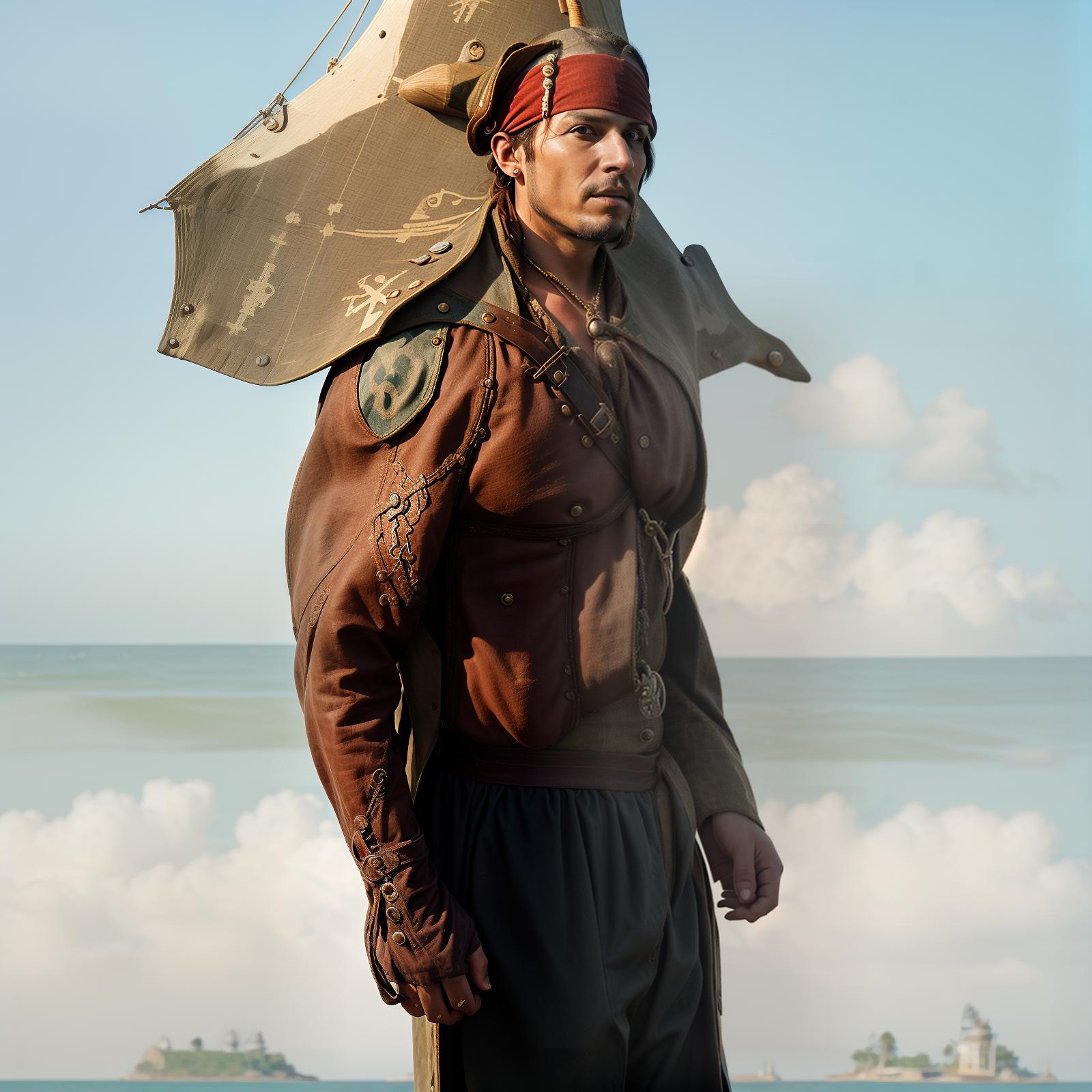  Image of a pirate. Pirate themed elements such as an eye patch, a tricorn hat, a parrot on the shoulder, a pirate coat, and a background featuring a pirate ship or a treasure island. A big sea on the background. The final image should be vibrant, very detailed