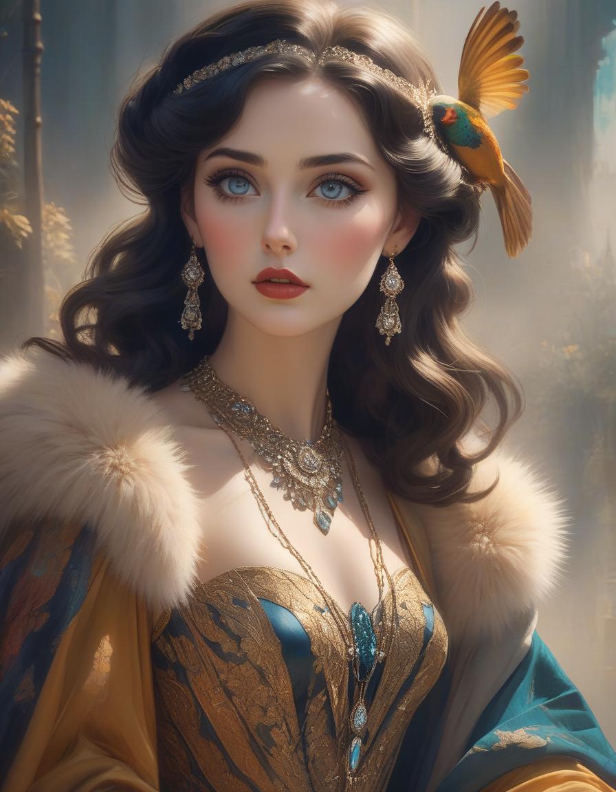  cinematic film still Very close up just face, gala dress, very beautiful, delicate face, big eyes, gouache wash, cinematic, calligraphic lines. Rolf Armstrong, Paul Poiret, Margaret Keane. mysterious, modern vintage, full body gouache painting, adorable portrait, ethereal, translucent, victorian style, pheasant bell, fur stole, hypnotic look. long dark wavy hair. intense and deep colors, boho style, beautiful designs, fashion magazine, Broken Glass effect, no background, stunning, something that even doesn't exist, mythical being, energy, molecular, textures, iridescent and luminescent scales, breathtaking beauty, pure perfection, divine presence, unforgettable, impressive, breathtaking beauty, Volumetric light, auras, rays, vivid colors re hyperrealistic, full body, detailed clothing, highly detailed, cinematic lighting, stunningly beautiful, intricate, sharp focus, f/1. 8, 85mm, (centered image composition), (professionally color graded), ((bright soft diffused light)), volumetric fog, trending on instagram, trending on tumblr, HDR 4K, 8K