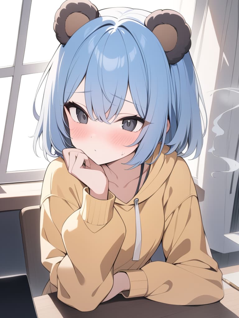  (Male: 1.2) (light blue hair,shortcut,small black eyes,large eyes,black bear ears attached to the side: 1.1),(yellow sweatshirt,smoke cigars,blush,smoke),masterpiece,best quality,8K,, masterpiece, best quality,8k,ultra detailed,high resolution,an extremely delicate and beautiful,hyper detail