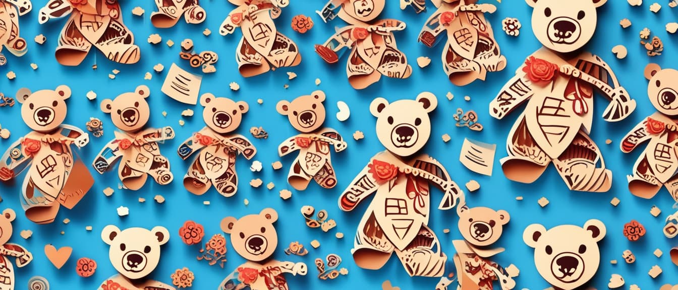  best quality, HD, A cute Bear on blue background, paper cut art.