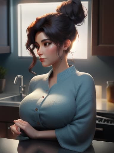  A picture of a beautiful woman with large firm natural tits and a big sexy ass, hair up in a bun , in the kitchen ,hair lightly softly cascading around her face, highly detailed face, highest possible detail, hyperrealistic, high quality, highly detailed, cinematic lighting, intricate, sharp focus, f/1. 8, 85mm, (centered image composition), (professionally color graded), ((bright soft diffused light)), volumetric fog, trending on instagram, HDR 4K, 8K