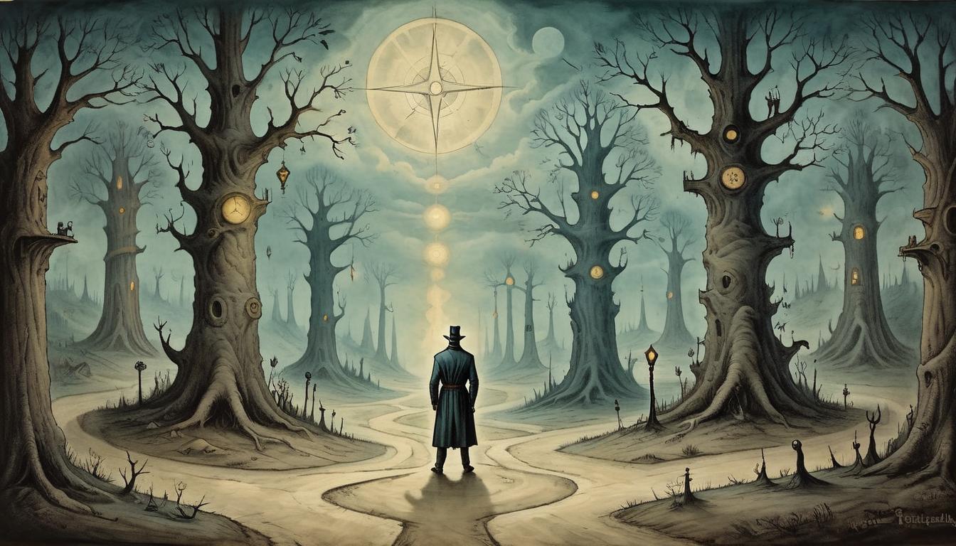  on parchment, surrealism+++, An enigmatic figure standing at a crossroads, shadows of conspiracies depicted as shadowy figures around, path ahead illuminated, determination, adaptivity, foresight(mysterious, provocative, symbolic,muted color)+++