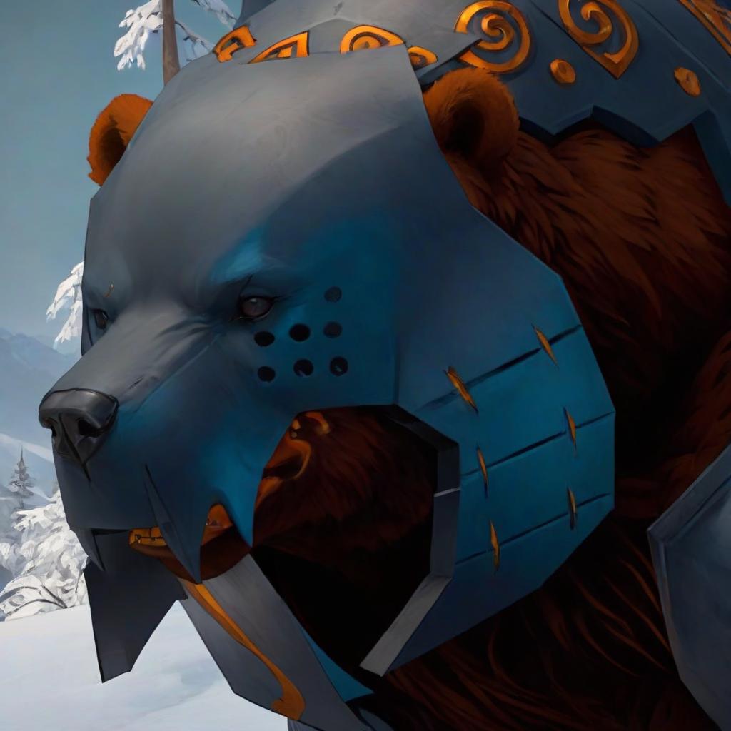  role playing game (RPG) style fantasy armored bear in full face mask helmet, concept art, art, marvel comics . detailed, vibrant, immersive, reminiscent of high fantasy RPG games, on parchment hyperrealistic, full body, detailed clothing, highly detailed, cinematic lighting, stunningly beautiful, intricate, sharp focus, f/1. 8, 85mm, (centered image composition), (professionally color graded), ((bright soft diffused light)), volumetric fog, trending on instagram, trending on tumblr, HDR 4K, 8K