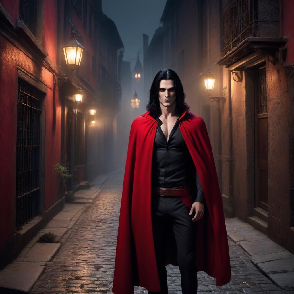  A man vampire in a red cape with long black hair is holding a matte poster. The figure of the vampire is seen in a dark narrow alley. The vampire smiles, his pupils glow red. Night, it's very dark, almost impossible to see what's behind the vampire, there's a contrasting street light, a gloomy atmosphere of shabbiness and mystery. hyperrealistic, full body, detailed clothing, highly detailed, cinematic lighting, stunningly beautiful, intricate, sharp focus, f/1. 8, 85mm, (centered image composition), (professionally color graded), ((bright soft diffused light)), volumetric fog, trending on instagram, trending on tumblr, HDR 4K, 8K