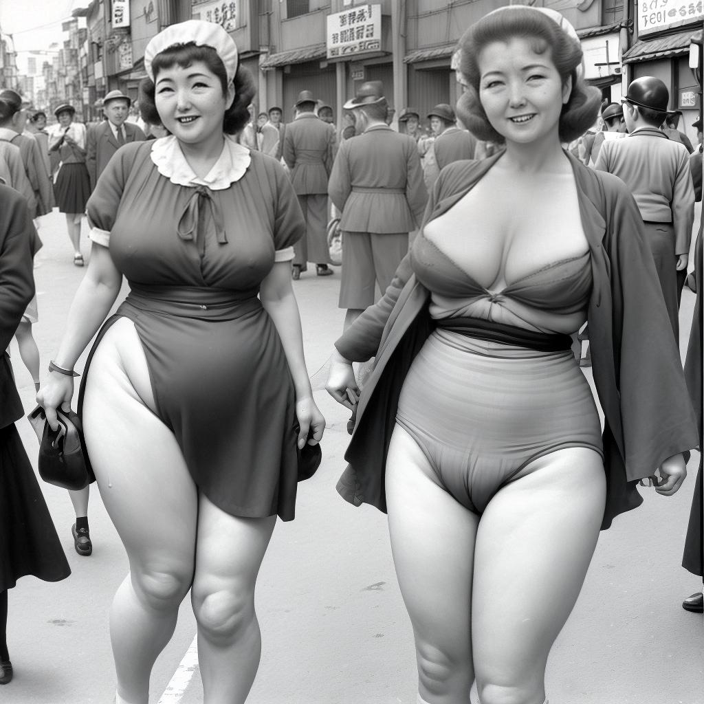  mujer madura de 40 años voluptuosa en calzones en la calle de Japón del año 1950s