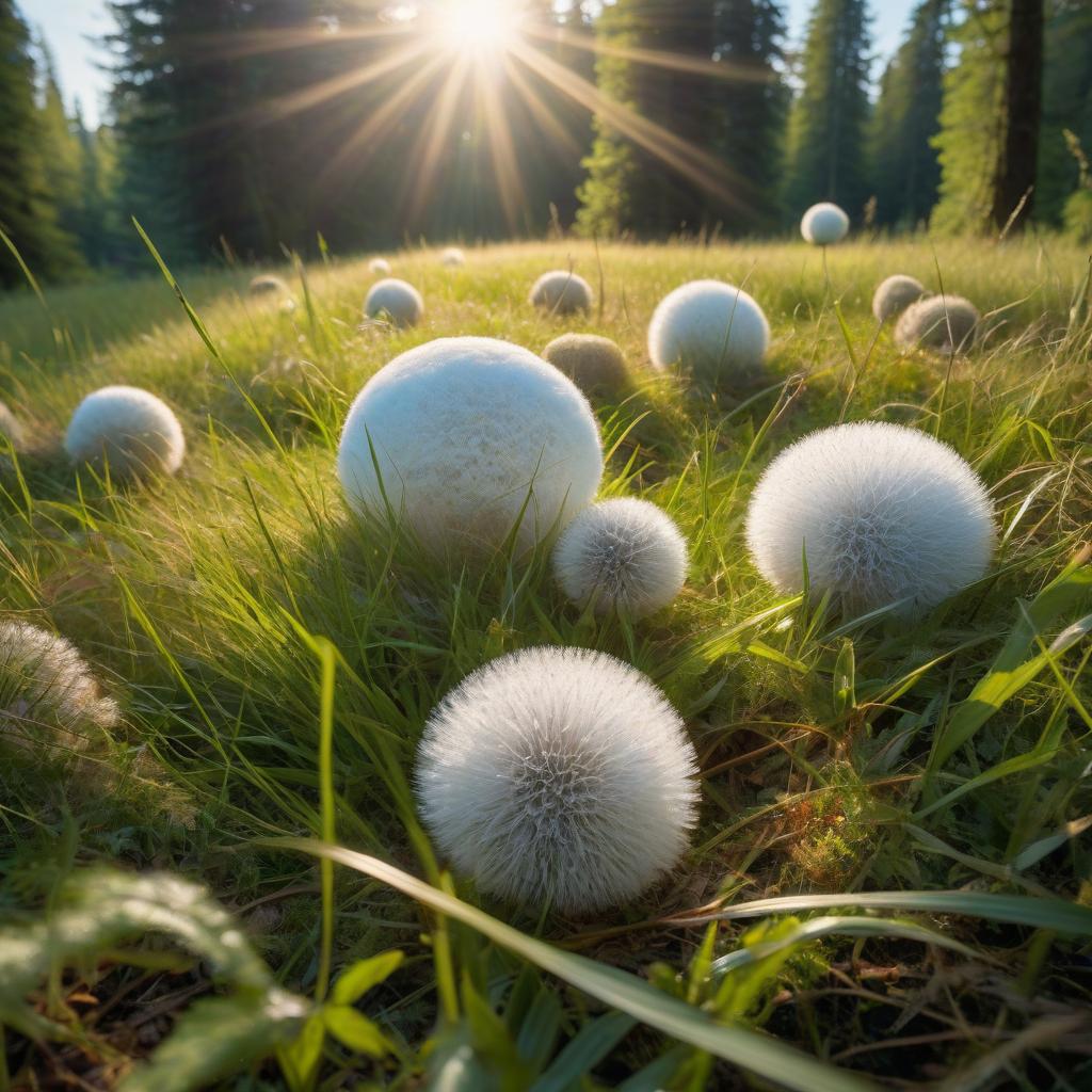  One big puffball, with three small puffballs nearby, are on a meadow in the grass, the sun is shining on them, a forest with trees is above them straight behind. hyperrealistic, full body, detailed clothing, highly detailed, cinematic lighting, stunningly beautiful, intricate, sharp focus, f/1. 8, 85mm, (centered image composition), (professionally color graded), ((bright soft diffused light)), volumetric fog, trending on instagram, trending on tumblr, HDR 4K, 8K