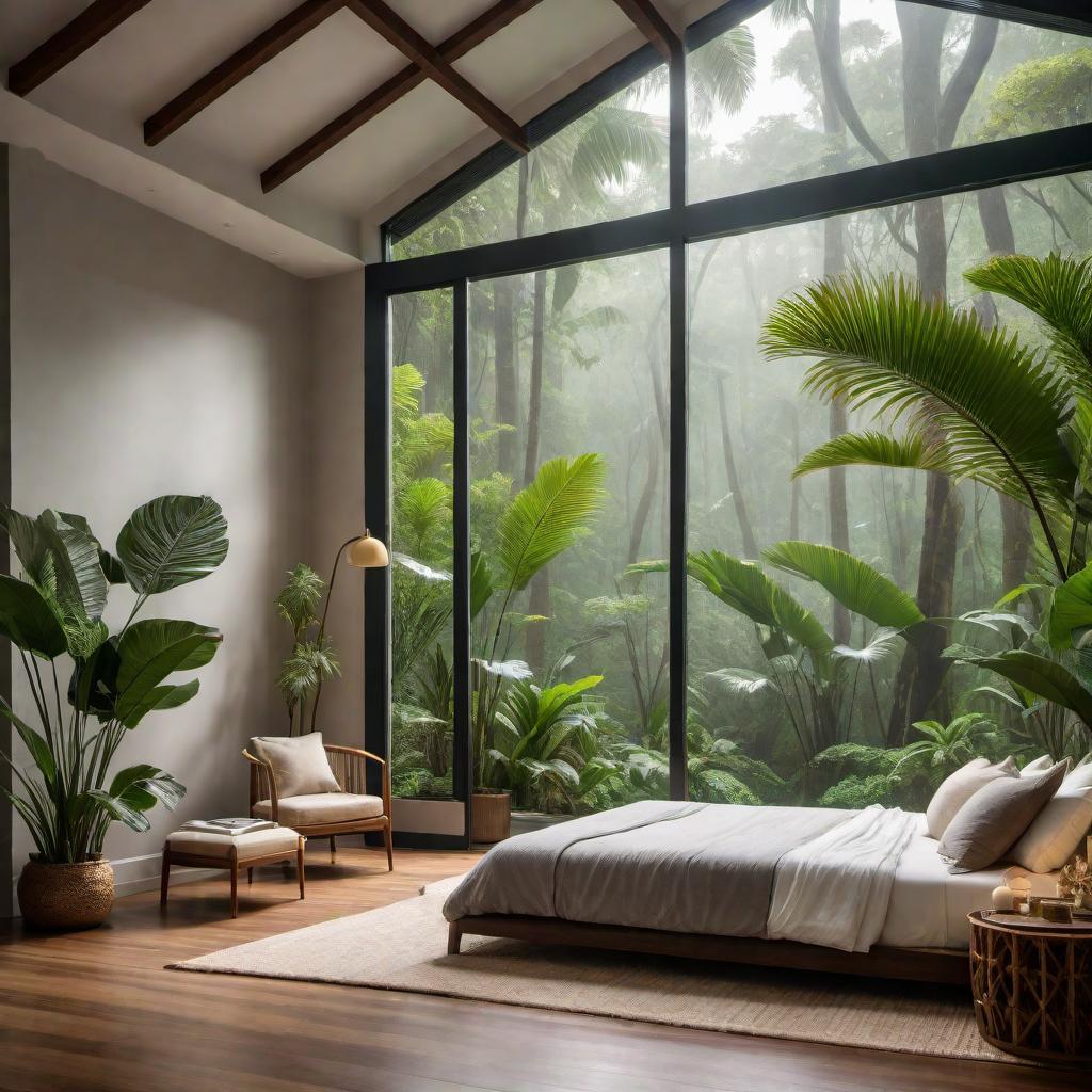  Tranquil tropical retreat: A serene bedroom with large windows showcasing a lush, rainy forest. The gentle patter of raindrops complements the cozy, warm interior, creating a perfect sanctuary for relaxation and peaceful dreams. hyperrealistic, full body, detailed clothing, highly detailed, cinematic lighting, stunningly beautiful, intricate, sharp focus, f/1. 8, 85mm, (centered image composition), (professionally color graded), ((bright soft diffused light)), volumetric fog, trending on instagram, trending on tumblr, HDR 4K, 8K