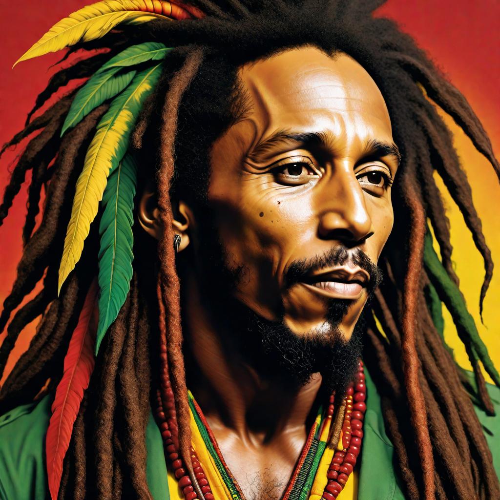  A colorful and vibrant artwork inspired by Bob Marley that reflects his legendary persona. Include elements like his iconic dreadlocks, musical instruments, and a lively Rastafarian color palette with reds, greens, and yellows. hyperrealistic, full body, detailed clothing, highly detailed, cinematic lighting, stunningly beautiful, intricate, sharp focus, f/1. 8, 85mm, (centered image composition), (professionally color graded), ((bright soft diffused light)), volumetric fog, trending on instagram, trending on tumblr, HDR 4K, 8K