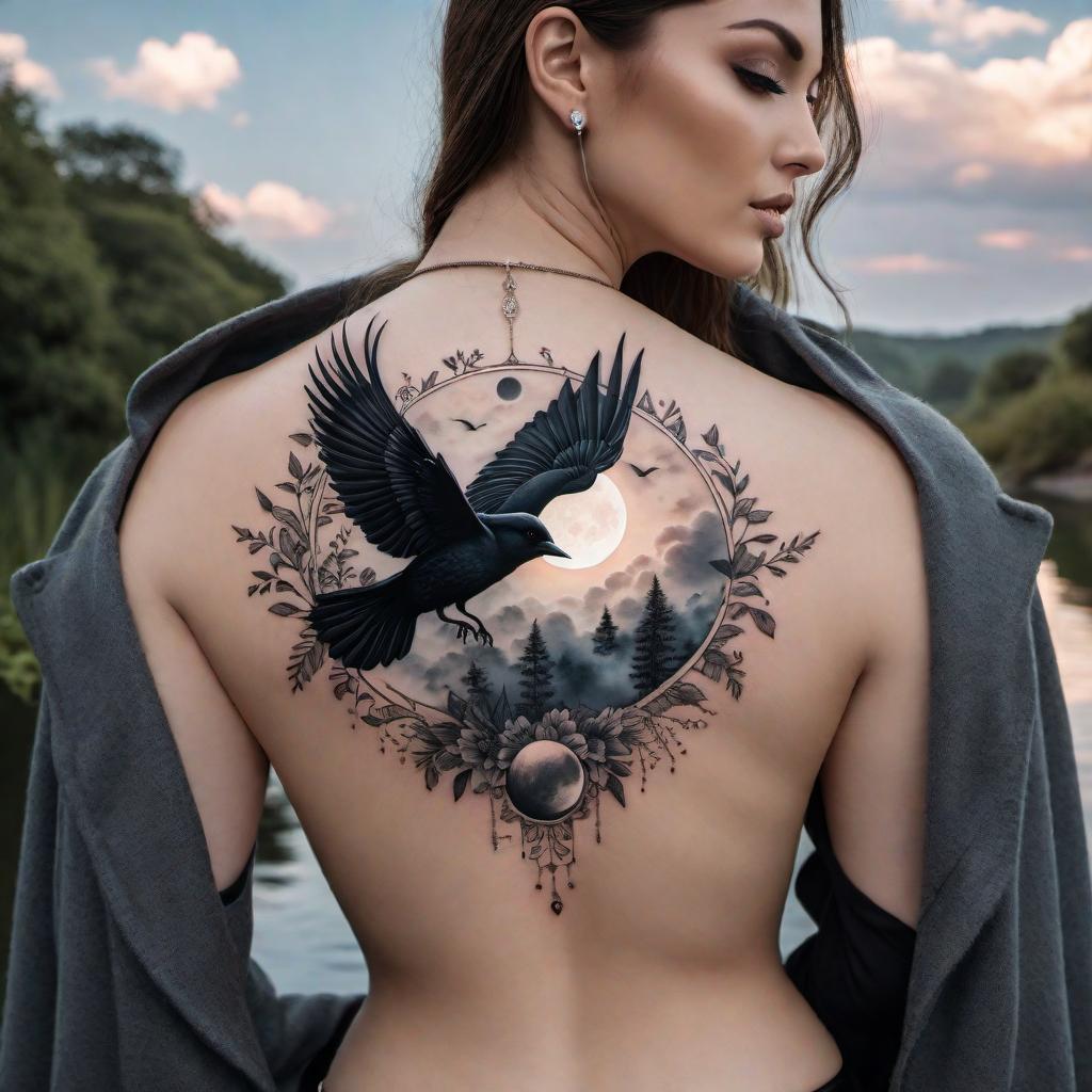  A tattoo design with the quote 'Everything we see or seem is but a dream within a dream.' The art is very illuminating and ethereal with a black bird, clouds, and a moon. The design should have a dreamy and mystical feel. hyperrealistic, full body, detailed clothing, highly detailed, cinematic lighting, stunningly beautiful, intricate, sharp focus, f/1. 8, 85mm, (centered image composition), (professionally color graded), ((bright soft diffused light)), volumetric fog, trending on instagram, trending on tumblr, HDR 4K, 8K