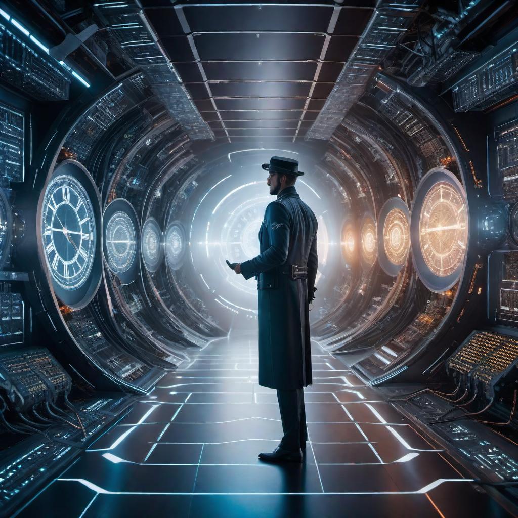  A futuristic and abstract image representing the concept of quantum computers and time travel. The image should include elements like digital circuits, futuristic technology, and a visual representation of time travel. Use a dark color scheme to convey a sense of mystery and advanced technology. hyperrealistic, full body, detailed clothing, highly detailed, cinematic lighting, stunningly beautiful, intricate, sharp focus, f/1. 8, 85mm, (centered image composition), (professionally color graded), ((bright soft diffused light)), volumetric fog, trending on instagram, trending on tumblr, HDR 4K, 8K