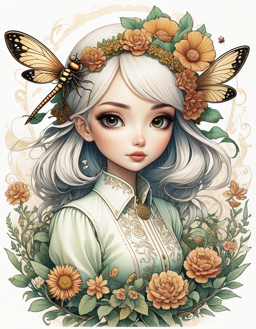  (Naoto Hattori), Bill Pocket, ((coloring style)), sticker, black lines on a white background, {Cute little girl in Tilda doll style with short shaggy hair decorated with a flower wreath on which sits a huge dragonfly with big eyes)) in the genre fantasy, }, drawing with a black marker on a white background, mysticism, fairy tale, fantasy, good detail, good drawing, cartoon style, clear outline, attractiveness, Graciela Rodo Boulanger, hyperrealistic, full body, detailed clothing, highly detailed, cinematic lighting, stunningly beautiful, intricate, sharp focus, f/1. 8, 85mm, (centered image composition), (professionally color graded), ((bright soft diffused light)), volumetric fog, trending on instagram, trending on tumblr, HDR 4K, 8K