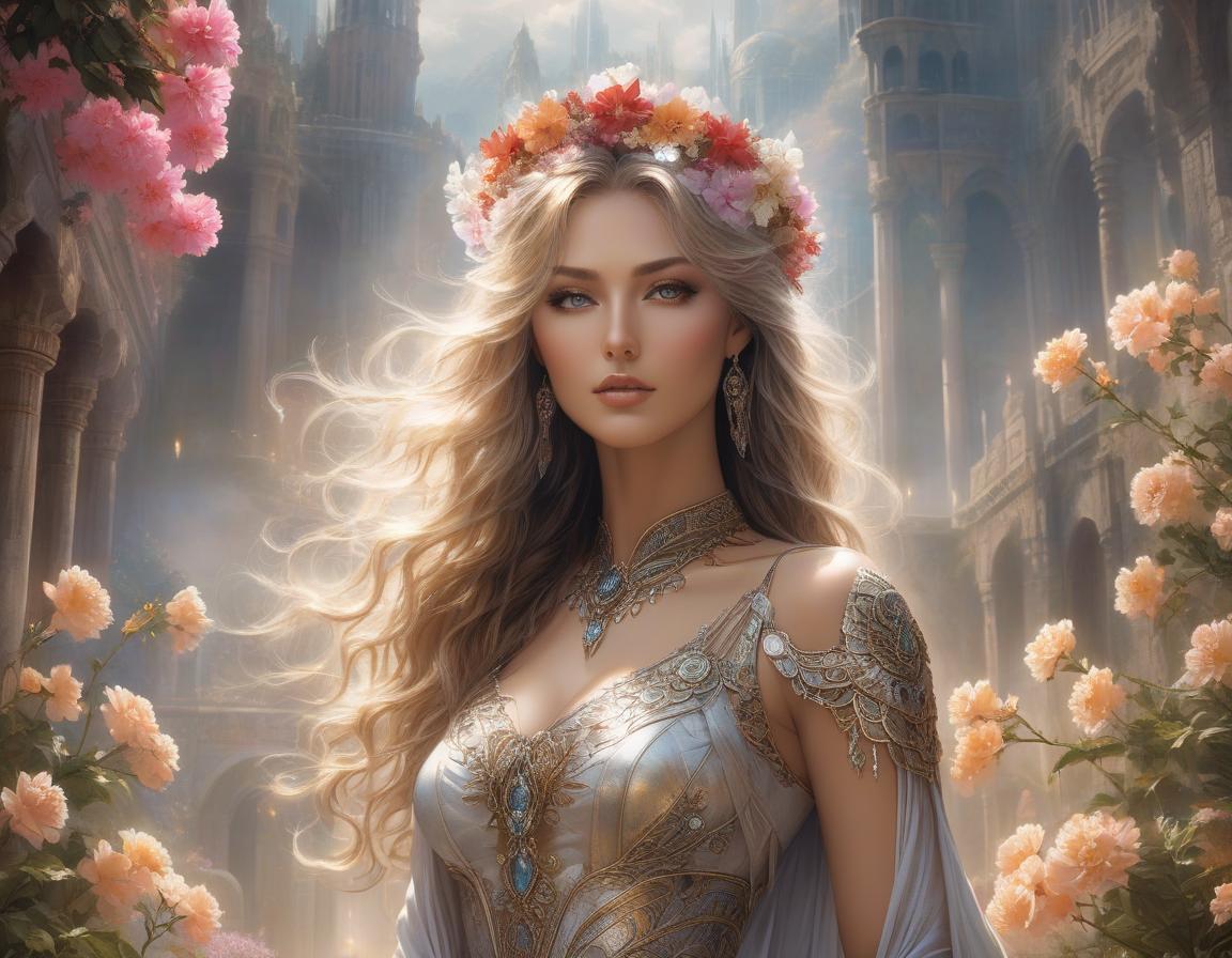  concept art A woman with a floral crown and long wavy hair gazes away, set against a fantastic al castle and lush, blooming flowers. Envision a work of art where fantasy and reality blur—a woman stands enshrouded in a tapestry of vivid blossoms, her hair a cascade of elaborate floral designs. She dons a dress of futuristic elegance against a backdrop that whispers of the surreal, all captured in the distinctive style of Luis Royo. This digital masterpiece comes alive with brilliant hues and otherworldly illumination, creating a dreamy realm where every ornate detail contributes to an imaginative tableau . digital artwork, illustrative, painterly, matte painting, highly detailed hyperrealistic, full body, detailed clothing, highly detailed, cinematic lighting, stunningly beautiful, intricate, sharp focus, f/1. 8, 85mm, (centered image composition), (professionally color graded), ((bright soft diffused light)), volumetric fog, trending on instagram, trending on tumblr, HDR 4K, 8K