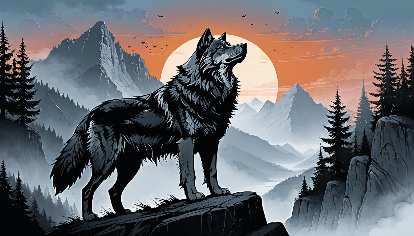  （surrealism)A commanding wolf standing on a rock ledge overlooking a valley, posture erect, background of a vast landscape with mountains and forests, invincible, dominant mystic, intricate details, best quality)