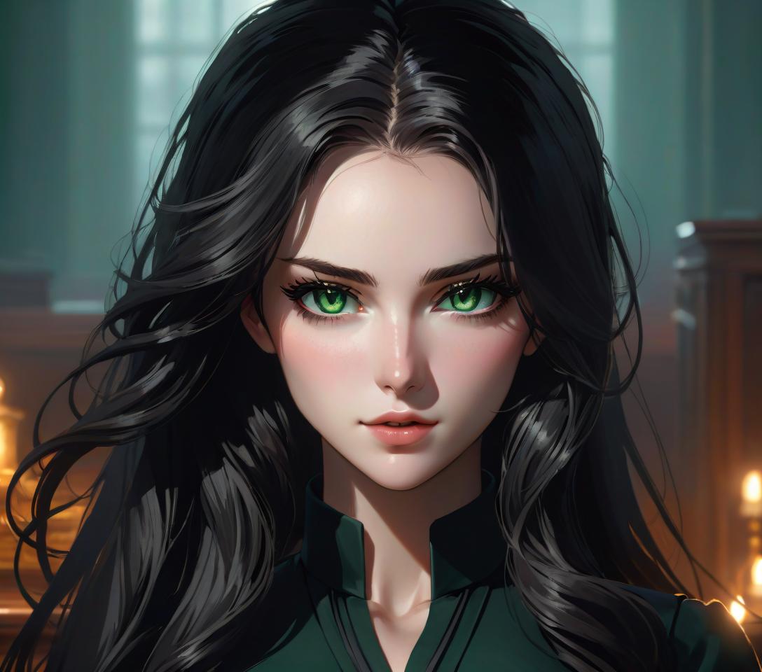  concept art young , green eyes, black wavy long hair gathered in a ponytail, beautiful, regular facial features, , slender, dressed in a dark gray dress, green eyes, narrow long fingers, graceful, full length, dress, black dress with white cuffs and white collar, stands in front of the desk . digital artwork, ilrative, painterly, matte painting, highly detailed hyperrealistic, full body, detailed clothing, highly detailed, cinematic lighting, stunningly beautiful, intricate, sharp focus, f/1. 8, 85mm, (centered image composition), (professionally color graded), ((bright soft diffused light)), volumetric fog, trending on instagram, trending on tumblr, HDR 4K, 8K