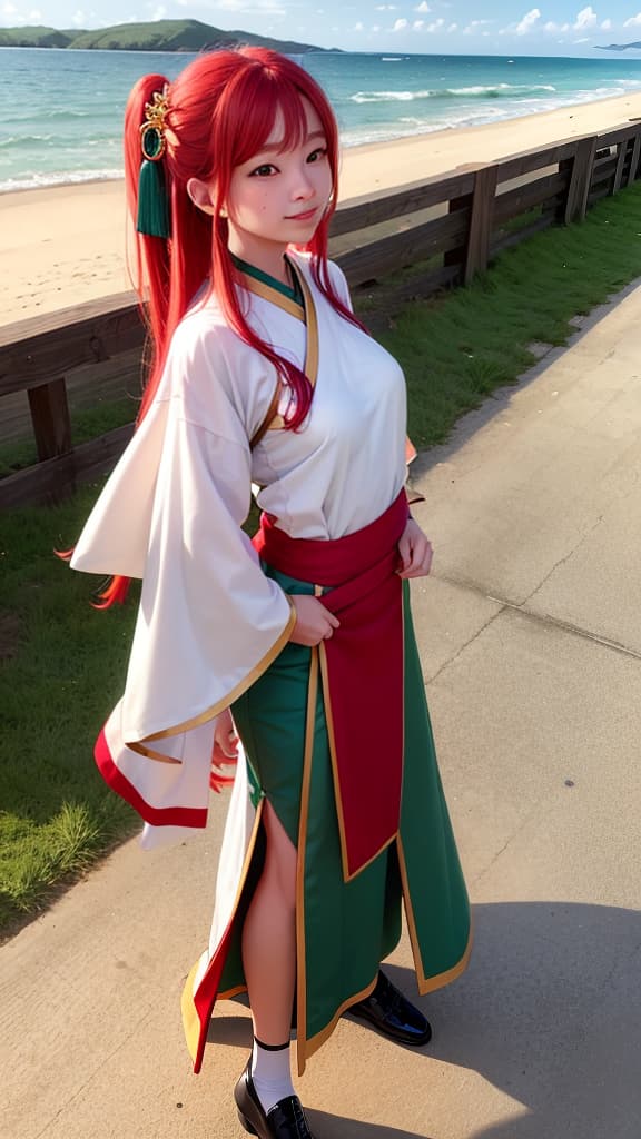  1 , ocean, red hair, green eyes, long hair, ocean, smiling, , big s, , hanfu