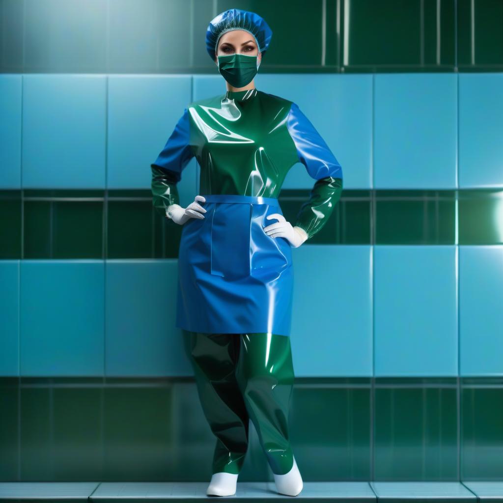  woman surgeon, glossy latex two colors, standing, operating room shoes, matching, high surgical shoe covers, knee high, with ribbon ties, the lower half from sole to ankle, from glossy latex dark blue, the upper half from ankle to knee, from glossy latex dark green, flat soled, without heels, front view, full face, full length hyperrealistic, full body, detailed clothing, highly detailed, cinematic lighting, stunningly beautiful, intricate, sharp focus, f/1. 8, 85mm, (centered image composition), (professionally color graded), ((bright soft diffused light)), volumetric fog, trending on instagram, trending on tumblr, HDR 4K, 8K