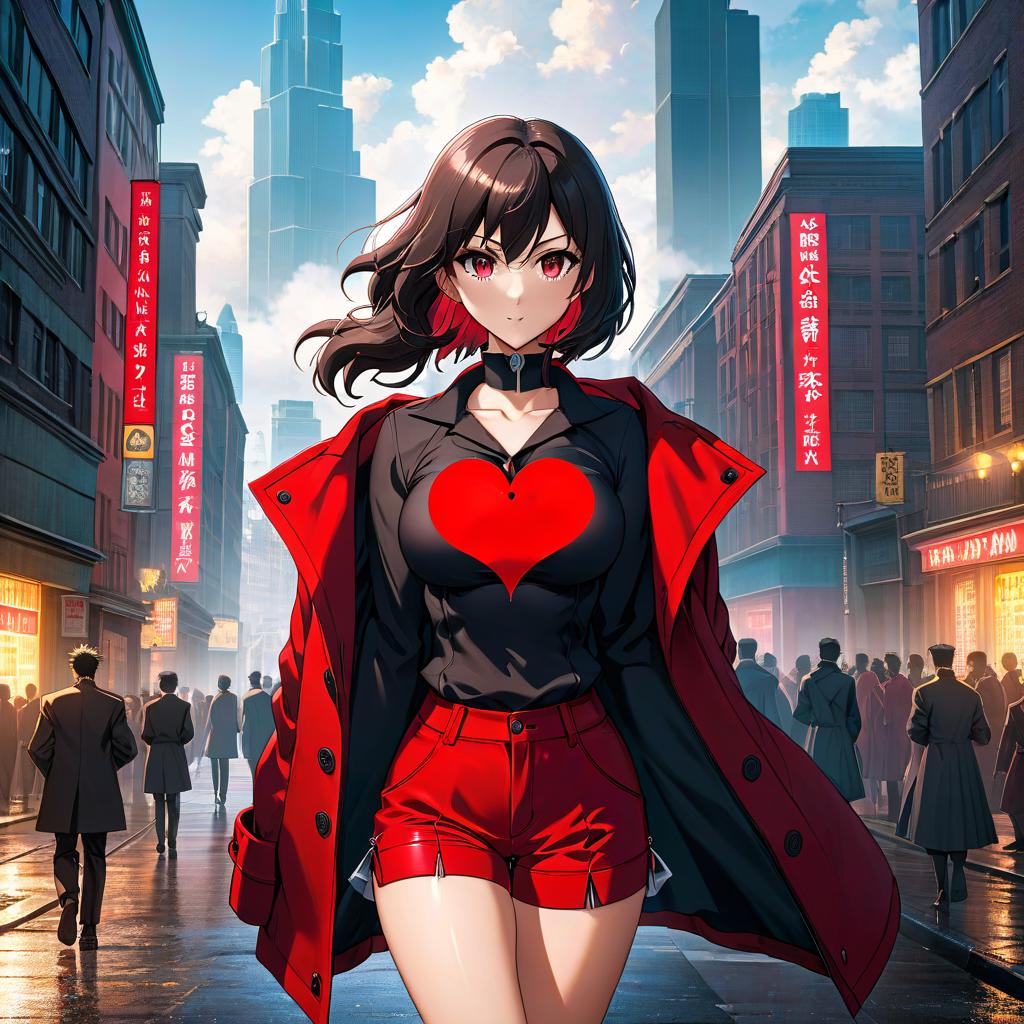  anime artwork A nine yea , with a beautiful face, a black red coat with a heart in the middle, an ideal body shape, a large bust, and red shorts, walks towards the city. . anime style, key visual, vint, studio anime, highly detailed hyperrealistic, full body, detailed clothing, highly detailed, cinematic lighting, stunningly beautiful, intricate, sharp focus, f/1. 8, 85mm, (centered image composition), (professionally color graded), ((bright soft diffused light)), volumetric fog, trending on instagram, trending on tumblr, HDR 4K, 8K