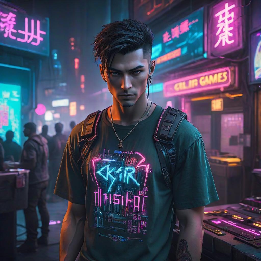  cyberpunk game style A guy wearing a T shirt with the writing KIFIR GAMES in English. . neon, dystopian, futuristic, digital, vibrant, detailed, high contrast, reminiscent of cyberpunk genre video games hyperrealistic, full body, detailed clothing, highly detailed, cinematic lighting, stunningly beautiful, intricate, sharp focus, f/1. 8, 85mm, (centered image composition), (professionally color graded), ((bright soft diffused light)), volumetric fog, trending on instagram, trending on tumblr, HDR 4K, 8K