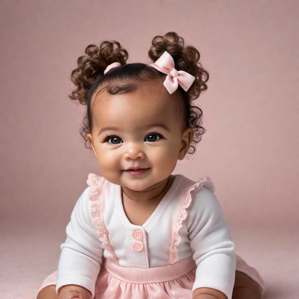  8-month-old baby girl with curly hair in 2 ponytails, medium skin tone, 22 pounds, and 30 inches tall. She has small eyes and a beautiful smile. hyperrealistic, full body, detailed clothing, highly detailed, cinematic lighting, stunningly beautiful, intricate, sharp focus, f/1. 8, 85mm, (centered image composition), (professionally color graded), ((bright soft diffused light)), volumetric fog, trending on instagram, trending on tumblr, HDR 4K, 8K