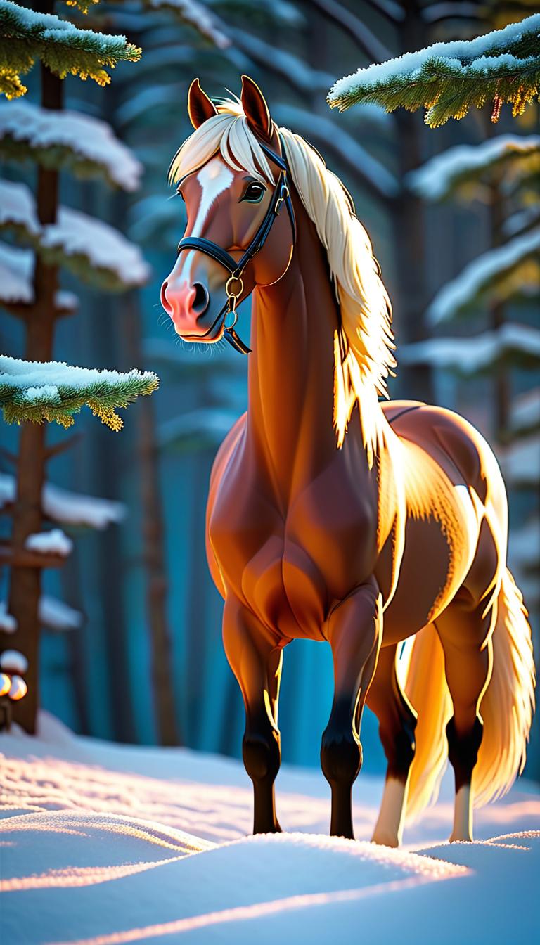  Professional 3D model of A beautiful, stately horse stands looking out over a winter landscape. The horse is white and has a long mane and tail. Christmas decorations are in the trees, ONLY the trees. Snow is falling around the horse. . Rendered with Octane, the model is highly detailed,dramatic lighting. hyperrealistic, full body, detailed clothing, highly detailed, cinematic lighting, stunningly beautiful, intricate, sharp focus, f/1. 8, 85mm, (centered image composition), (professionally color graded), ((bright soft diffused light)), volumetric fog, trending on instagram, trending on tumblr, HDR 4K, 8K