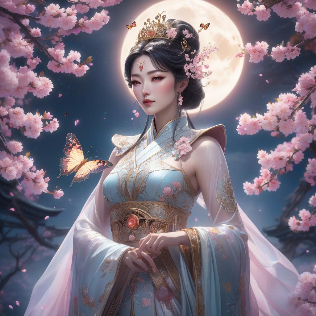  An ethereal woman with ornate attire is surrounded by cherry blossoms against a luminous full moon, with a butterfly resting on her hand. a woman standing in front of a full moon, inspired by Ai Xuan, trending on cg society, fantasy art, sakura petals around her, intricate ornate anime cgi style, glowing porcelain skin, art deco flower shaman, oriental wallpaper, pop japonisme 3 d ultra detailed, portrait of queen of light, background artwork, the empress, glowing details hyperrealistic, full body, detailed clothing, highly detailed, cinematic lighting, stunningly beautiful, intricate, sharp focus, f/1. 8, 85mm, (centered image composition), (professionally color graded), ((bright soft diffused light)), volumetric fog, trending on instagram, trending on tumblr, HDR 4K, 8K