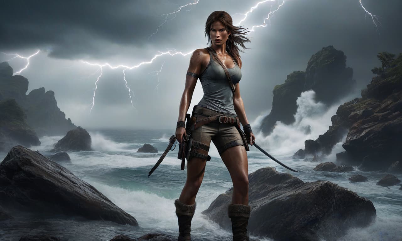  Tomb Raider 2013, storm, lightning, wind, sea, rocks, survival hyperrealistic, full body, detailed clothing, highly detailed, cinematic lighting, stunningly beautiful, intricate, sharp focus, f/1. 8, 85mm, (centered image composition), (professionally color graded), ((bright soft diffused light)), volumetric fog, trending on instagram, trending on tumblr, HDR 4K, 8K