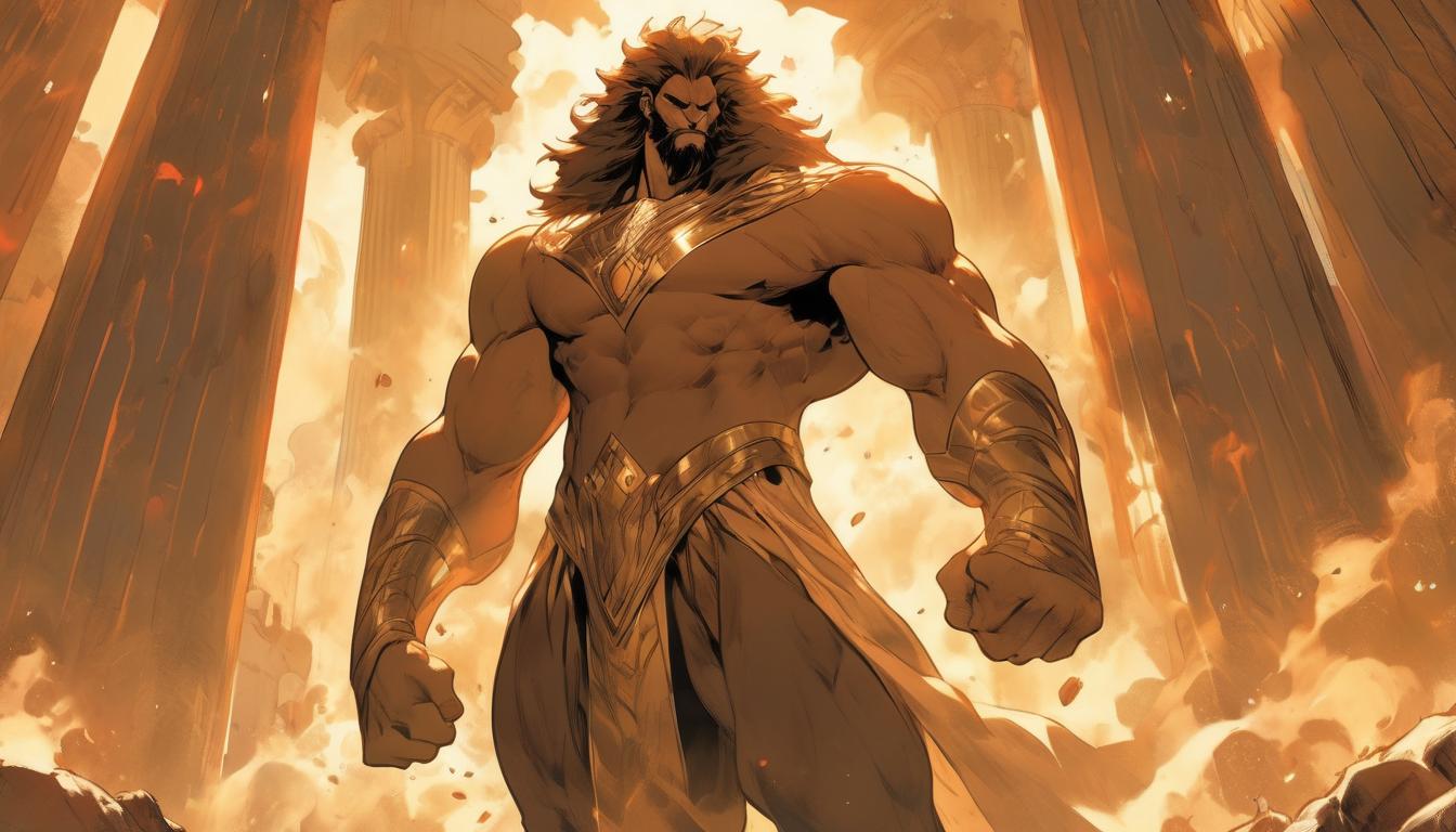  hyperrealism,fantasy aestheticHercules, muscular and imposing, dressed in lion's skin with club in hand, fierce yet noble expression, backdrop of ancient pillars, aura of strength, mythic, heroic, high tech clothing clad in sleek, futuristic costume with metallic accents and form fitting designs, marvel superhero comics style, unreal engine rendering