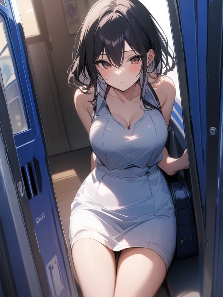  Police box, female police, cute, black hair, masterpiece, best quality,8k,ultra detailed,high resolution,an extremely delicate and beautiful,hyper detail