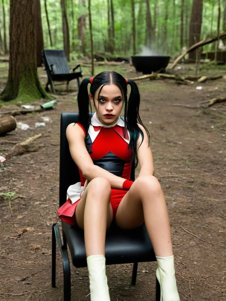  very young very attractive old Jenna Ortega as Harley Quinn , pigtails hair, , short body, full body in view, exhausted look, sitting on chair in crowded womens cult gathering in the woods, wearing green high heel shoes, crowd of women in background wearing no clothes, ((white slime dripping on )):1.2, ((white slime dripping on ))1.1, ing legs, legs open, (perfect ), (((hands on body)))1.7, (HIGH DETAIL), LONG HAIR, , all body view in view ,high quality, realistic lighting, symmetrical natural eyes, long legs, natural eyes, beautiful realistic face, high detail, zoomed out, extremely detailed, photo (ultra), photorealistic, realistic, max detail, real life, ultra realistic, photography, ph