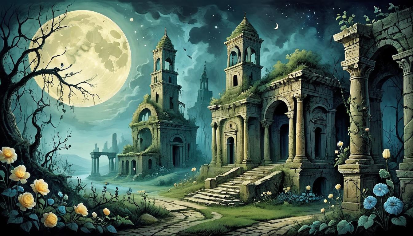  on parchment, surrealism+++, Hauntingly beautiful ruins of ancient civilization, moonlit night, vines and flowers reclaiming the structures, eerie, majestic(mysterious, provocative, symbolic,muted color)+++