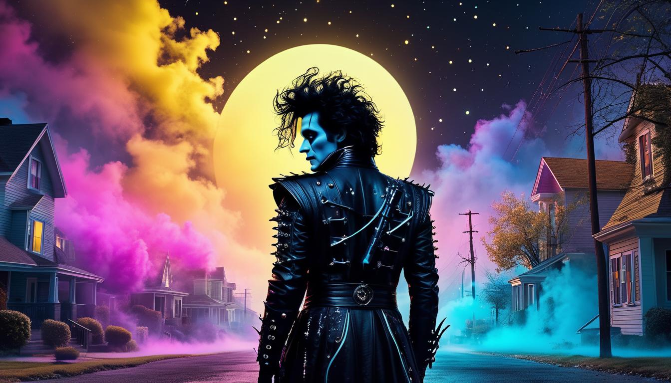  fluorescent dust, fluorescent spraypaint, fluorescent grain, fluorescent make up Edward Scissorhands, standing in a suburban neighborhood, with a mix of curiosity and acceptance from the townspeople. Ethereal beings capture the essence of his gentle demeanor and unique abilities, surreal, heartwarming.dust, cinematic film, best quality, high resolution, realistic, 8k, dynamic angle, serene, extremely detailed, absurdres particle effect, wonderful night dreamlike glowing masterpiece, celestial, detailed, realistic, image concept art, phenomenal mesmerise, maximalist,