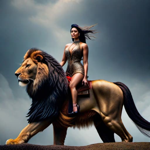  Woman riding the lion hyperrealistic, full body, detailed clothing, highly detailed, cinematic lighting, stunningly beautiful, intricate, sharp focus, f/1. 8, 85mm, (centered image composition), (professionally color graded), ((bright soft diffused light)), volumetric fog, trending on instagram, trending on tumblr, HDR 4K, 8K